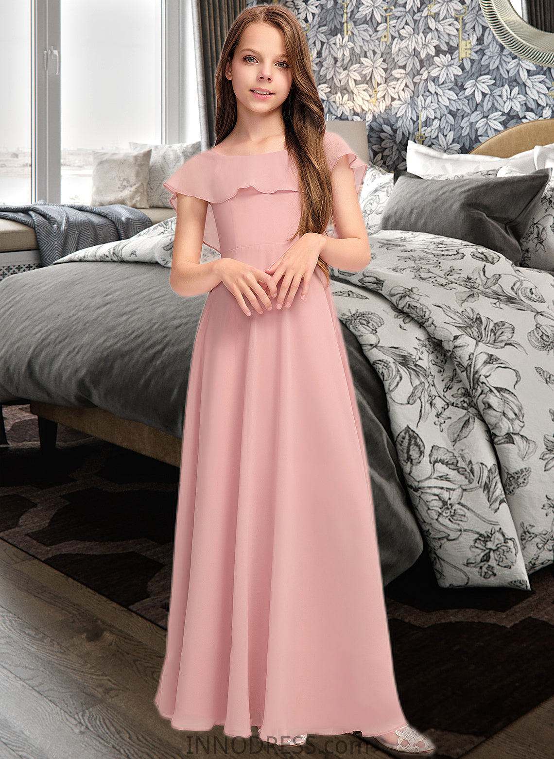 Abbigail A-Line Scoop Neck Floor-Length Chiffon Junior Bridesmaid Dress With Cascading Ruffles DPP0013382