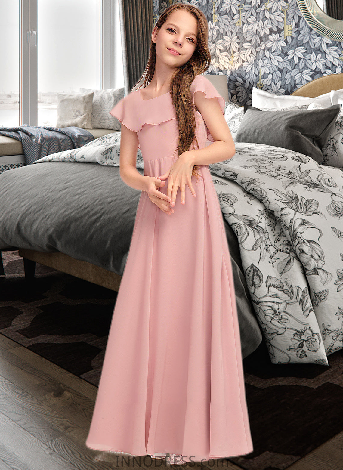 Abbigail A-Line Scoop Neck Floor-Length Chiffon Junior Bridesmaid Dress With Cascading Ruffles DPP0013382