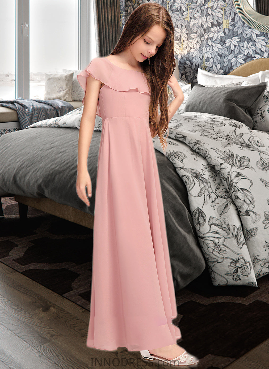 Abbigail A-Line Scoop Neck Floor-Length Chiffon Junior Bridesmaid Dress With Cascading Ruffles DPP0013382