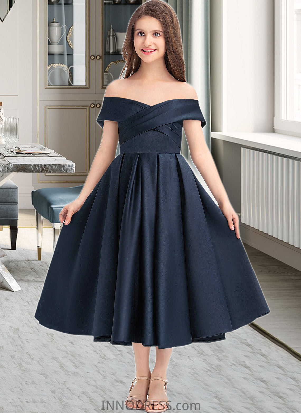 Marisol A-Line Off-the-Shoulder Tea-Length Satin Junior Bridesmaid Dress With Ruffle Pockets DPP0013383