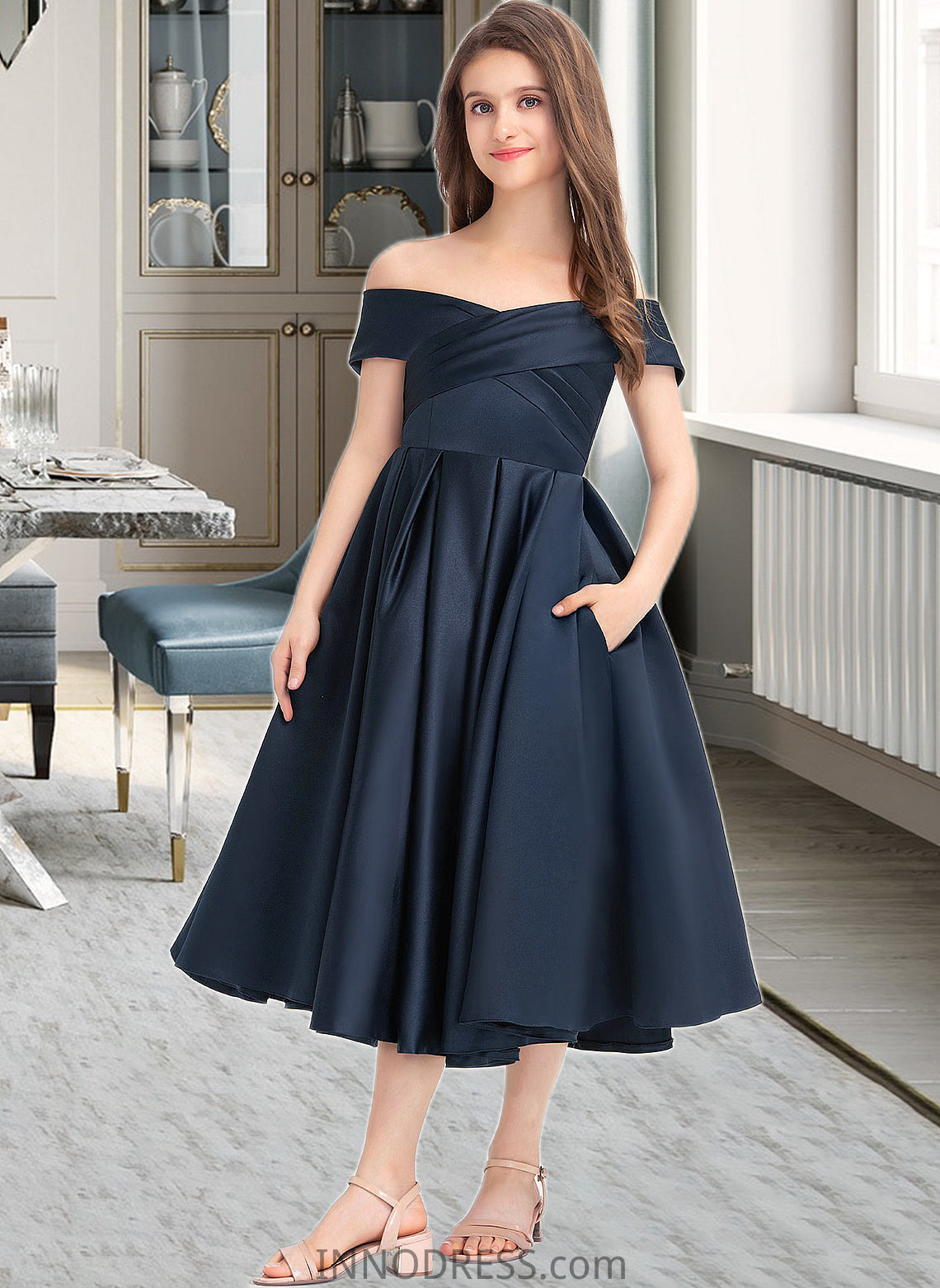 Marisol A-Line Off-the-Shoulder Tea-Length Satin Junior Bridesmaid Dress With Ruffle Pockets DPP0013383