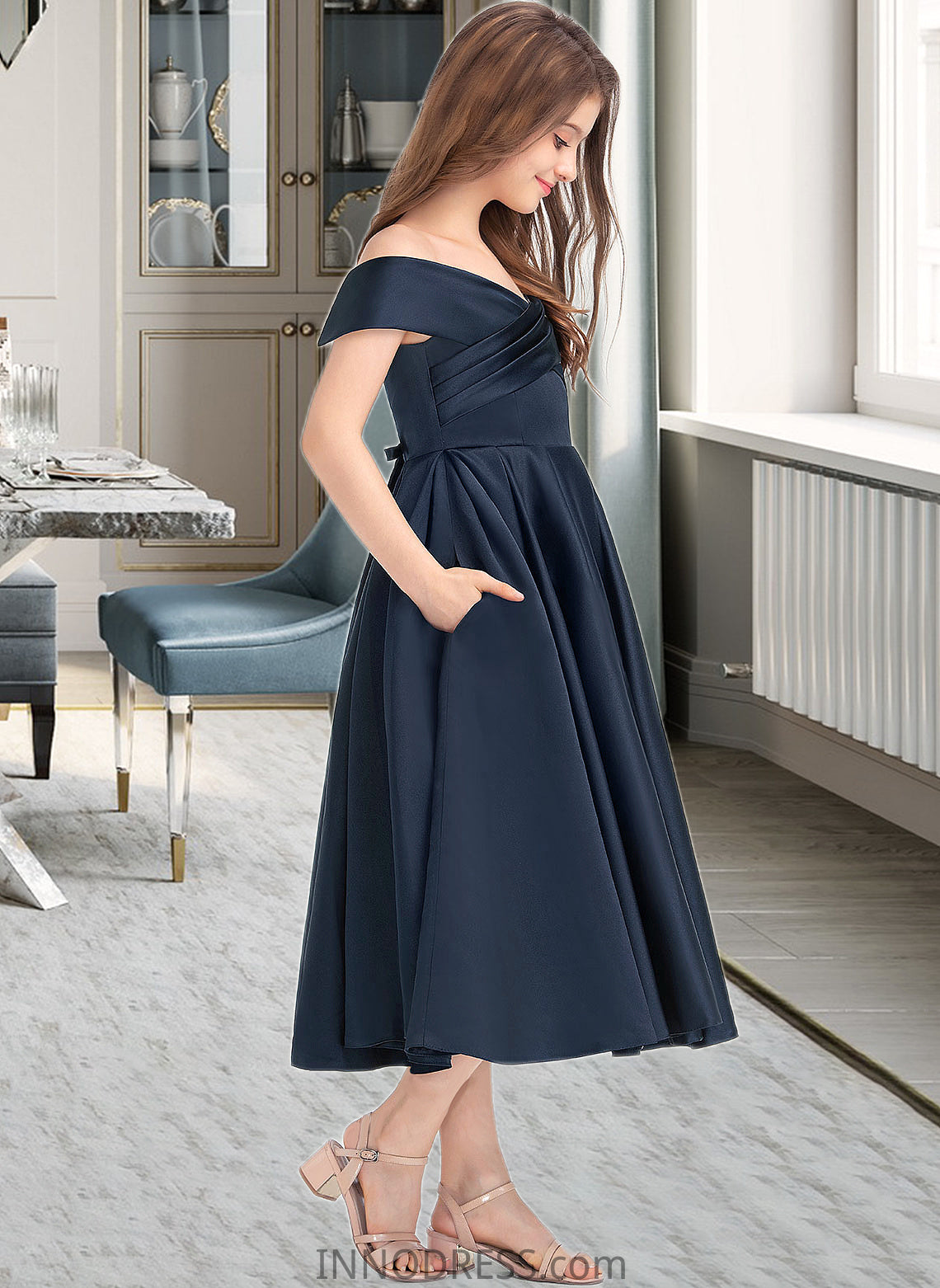 Marisol A-Line Off-the-Shoulder Tea-Length Satin Junior Bridesmaid Dress With Ruffle Pockets DPP0013383