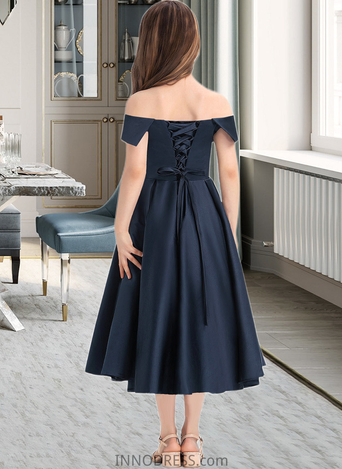 Marisol A-Line Off-the-Shoulder Tea-Length Satin Junior Bridesmaid Dress With Ruffle Pockets DPP0013383