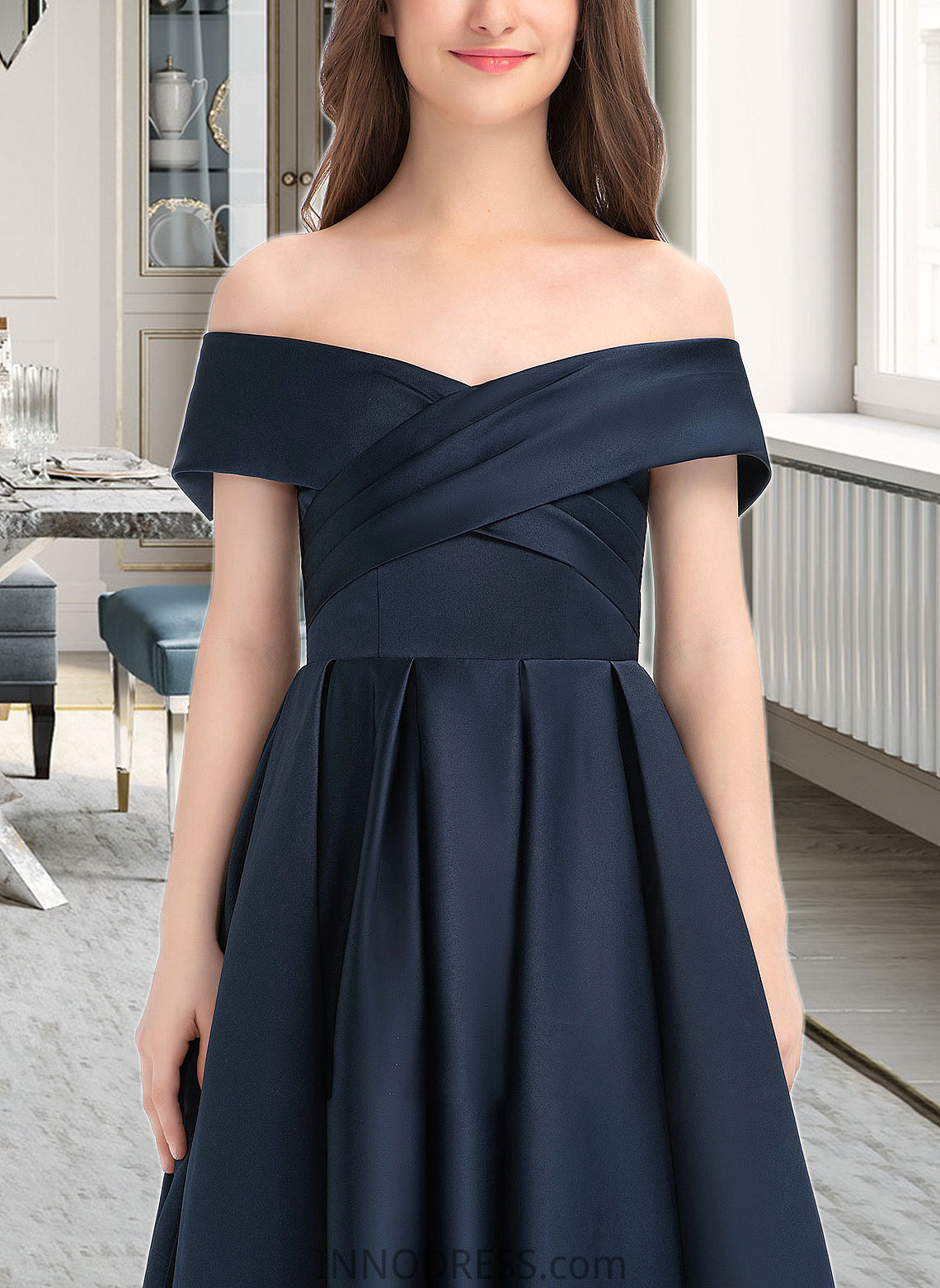 Marisol A-Line Off-the-Shoulder Tea-Length Satin Junior Bridesmaid Dress With Ruffle Pockets DPP0013383