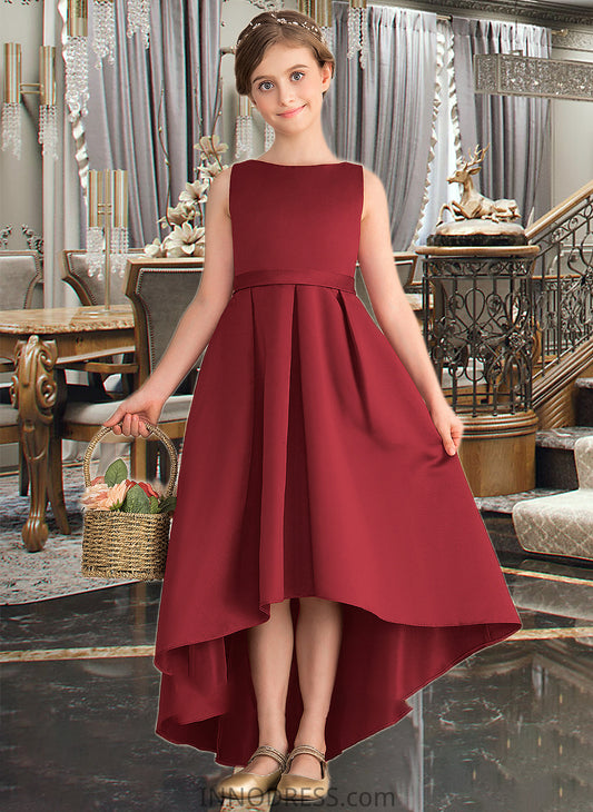 Alexia A-Line Scoop Neck Asymmetrical Satin Junior Bridesmaid Dress With Ruffle Pockets DPP0013385