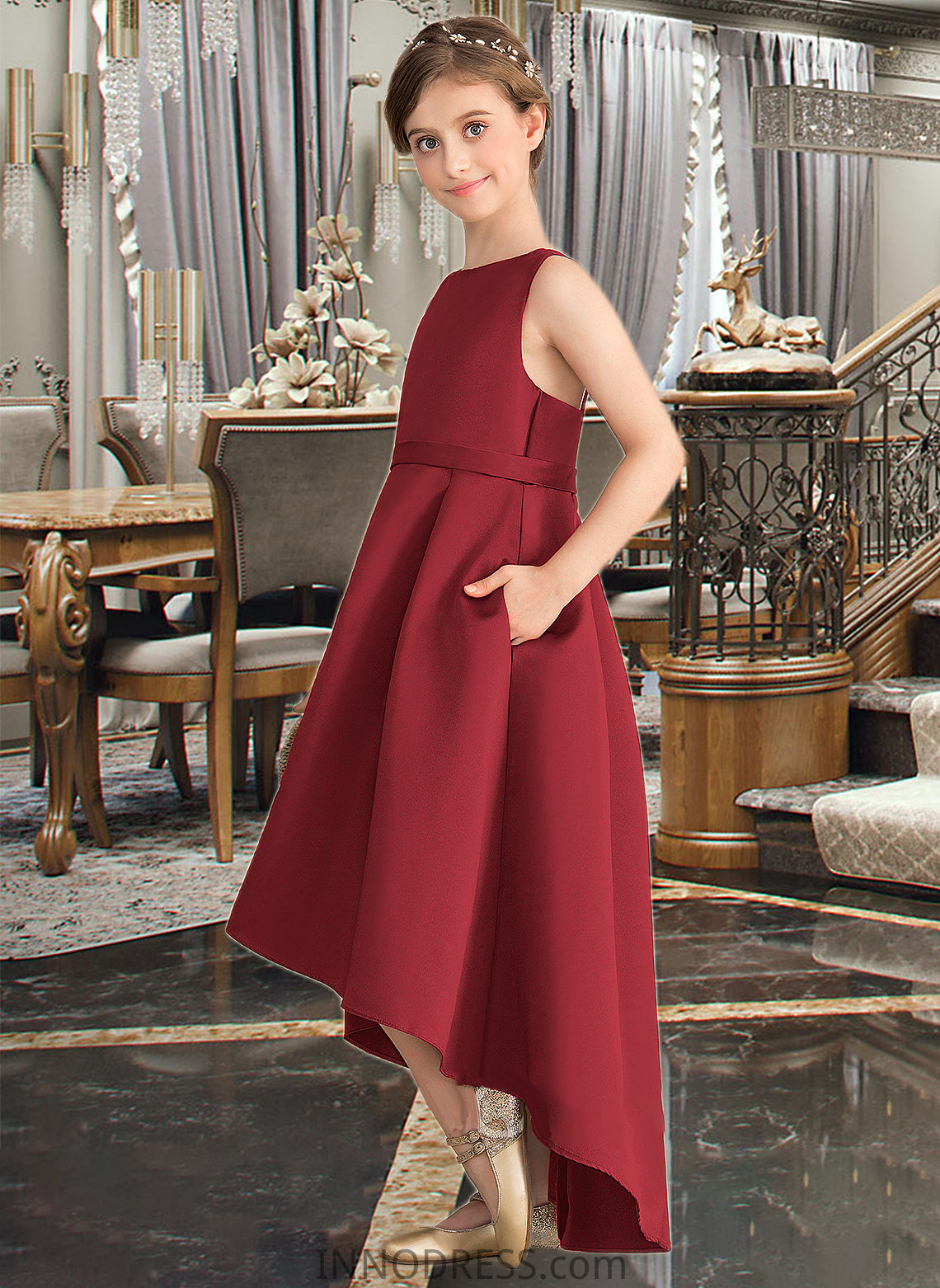 Alexia A-Line Scoop Neck Asymmetrical Satin Junior Bridesmaid Dress With Ruffle Pockets DPP0013385