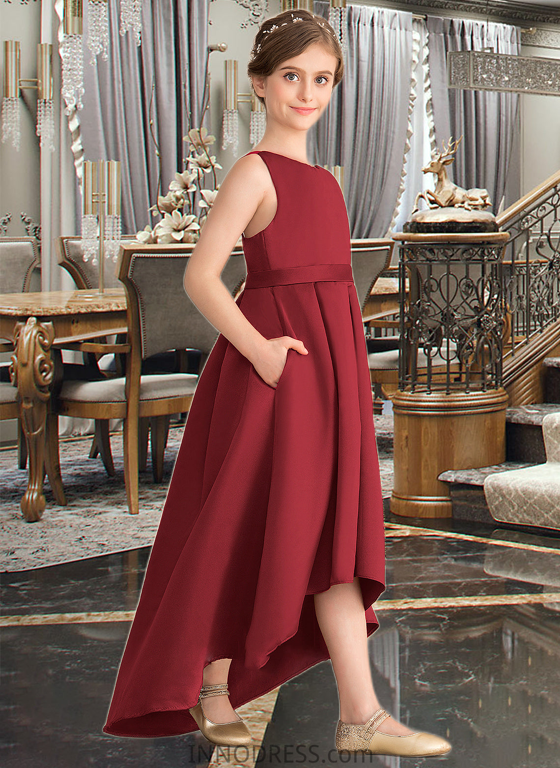 Alexia A-Line Scoop Neck Asymmetrical Satin Junior Bridesmaid Dress With Ruffle Pockets DPP0013385