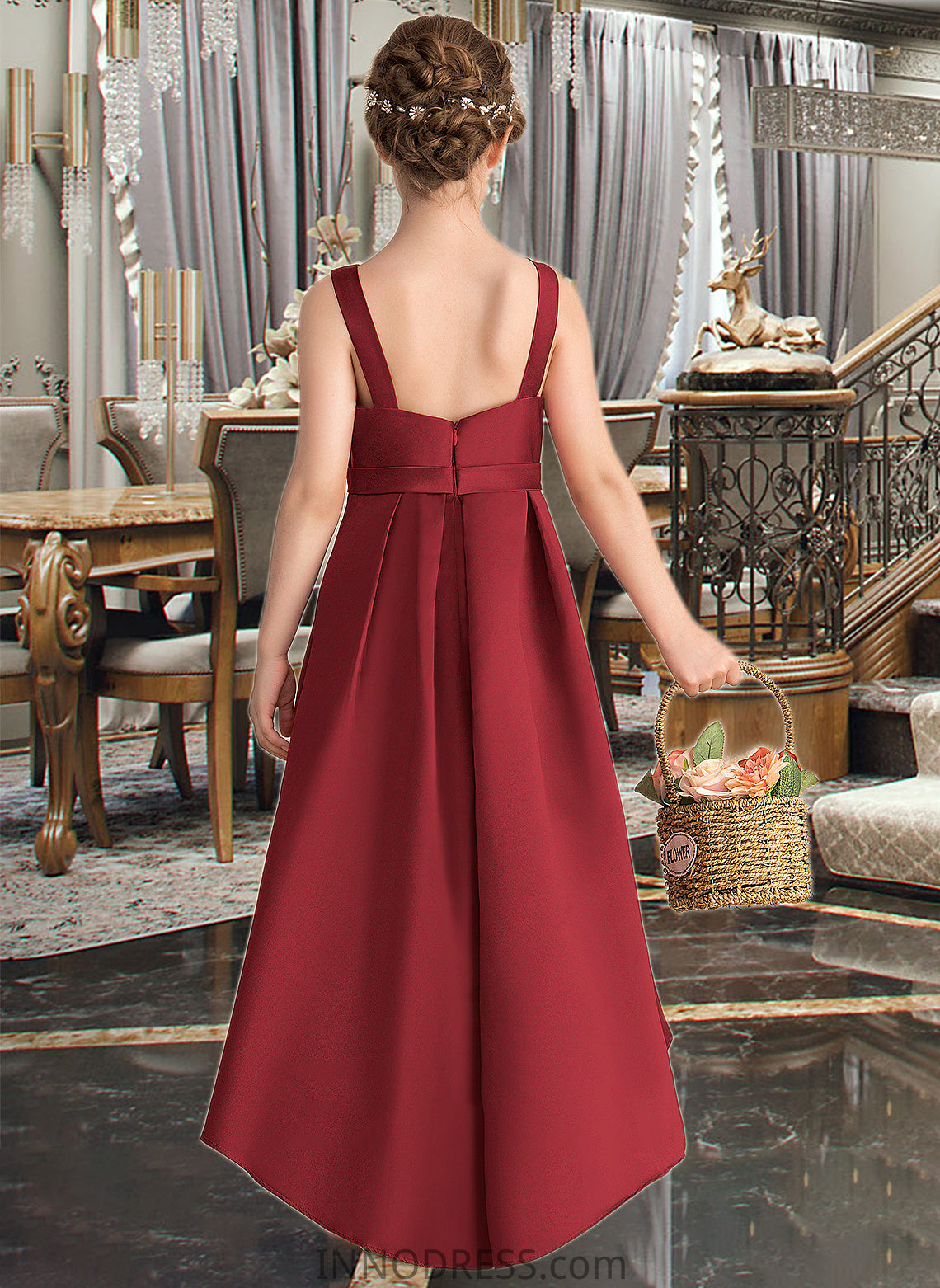 Alexia A-Line Scoop Neck Asymmetrical Satin Junior Bridesmaid Dress With Ruffle Pockets DPP0013385