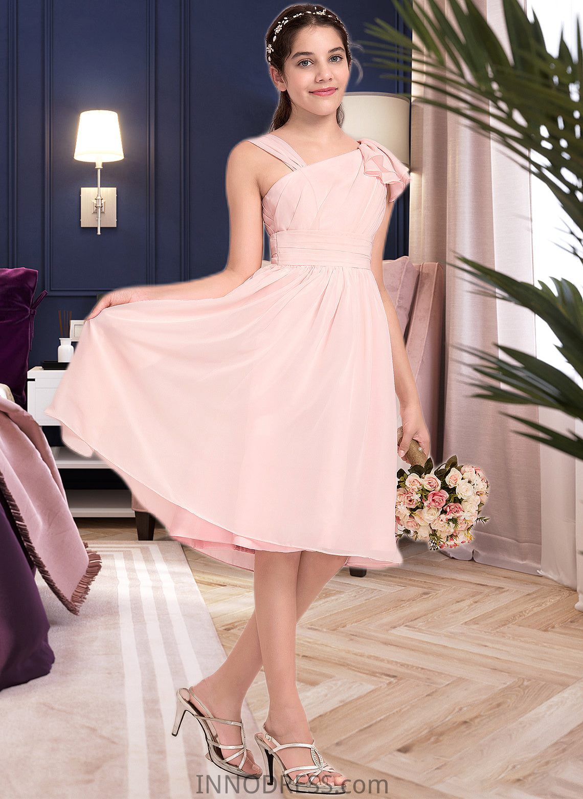 Prudence A-Line V-neck Knee-Length Chiffon Junior Bridesmaid Dress With Cascading Ruffles DPP0013386