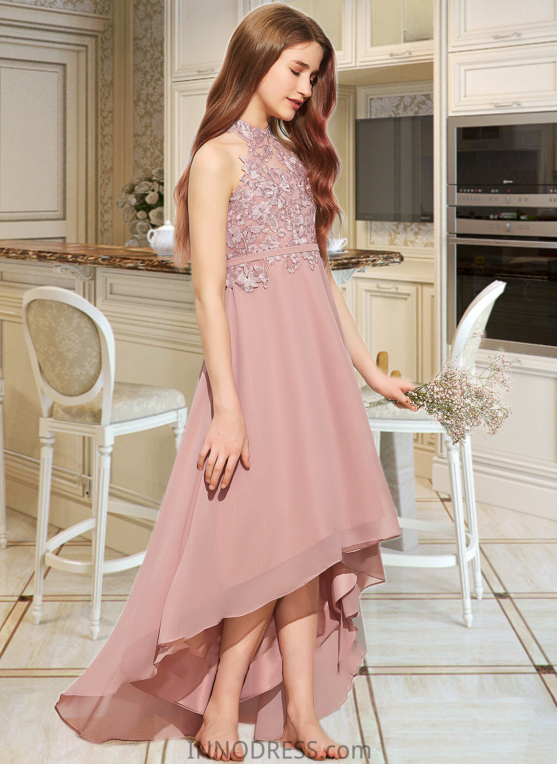 Raelynn A-Line Scoop Neck Asymmetrical Chiffon Lace Junior Bridesmaid Dress DPP0013388