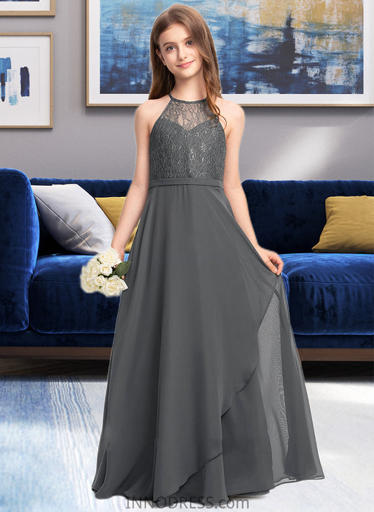 Zoey A-Line Scoop Neck Floor-Length Chiffon Lace Junior Bridesmaid Dress With Cascading Ruffles DPP0013389