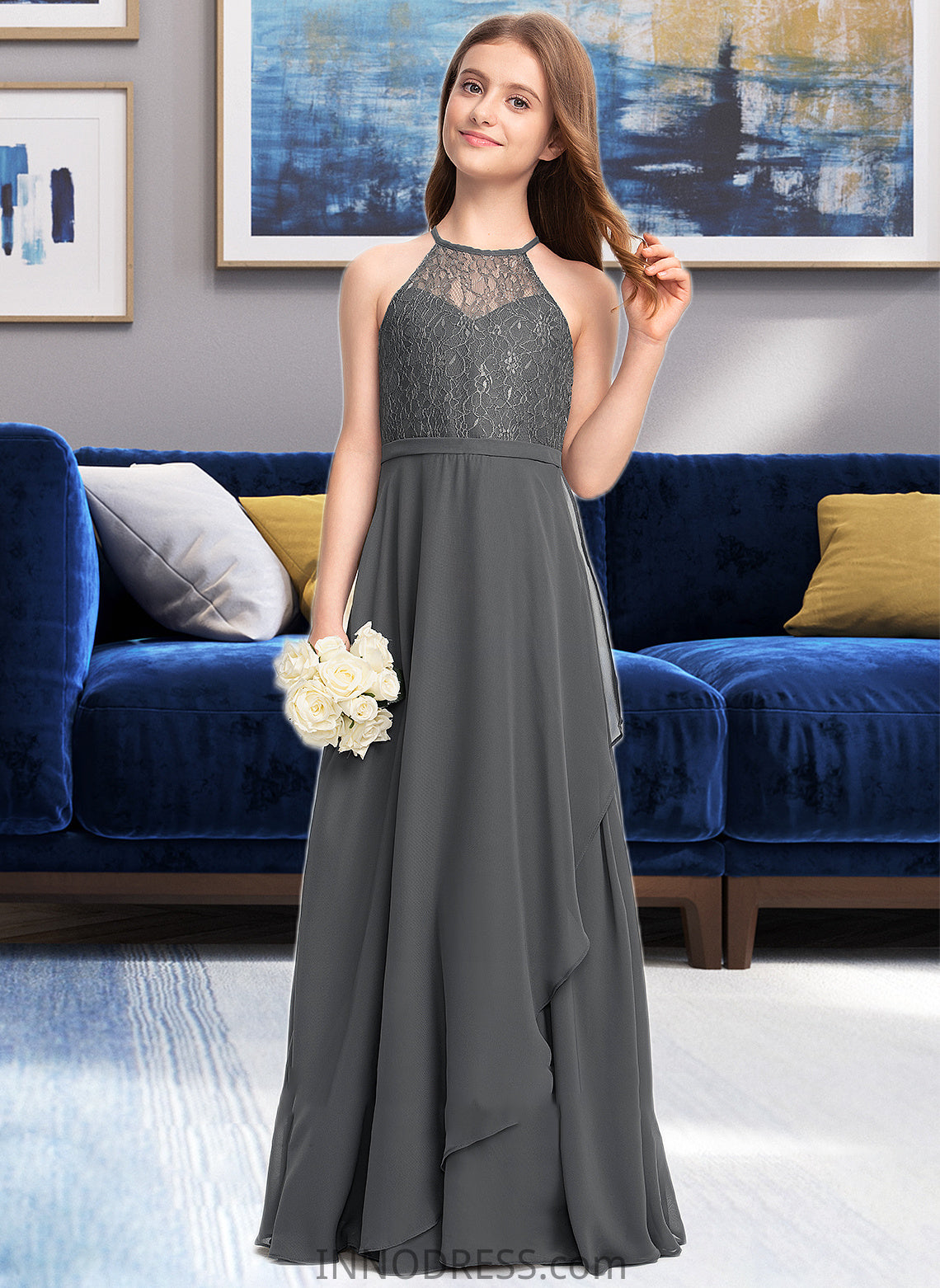 Zoey A-Line Scoop Neck Floor-Length Chiffon Lace Junior Bridesmaid Dress With Cascading Ruffles DPP0013389