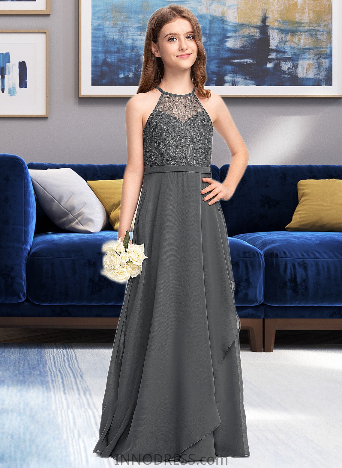 Zoey A-Line Scoop Neck Floor-Length Chiffon Lace Junior Bridesmaid Dress With Cascading Ruffles DPP0013389