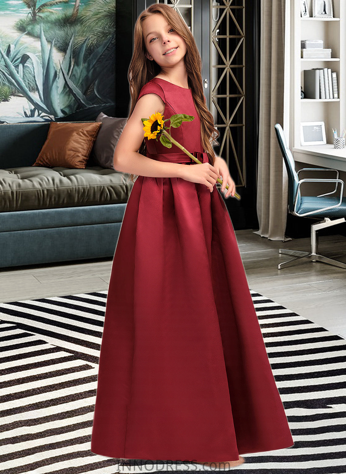 Carlie A-Line Scoop Neck Floor-Length Satin Junior Bridesmaid Dress With Bow(s) Pockets DPP0013391