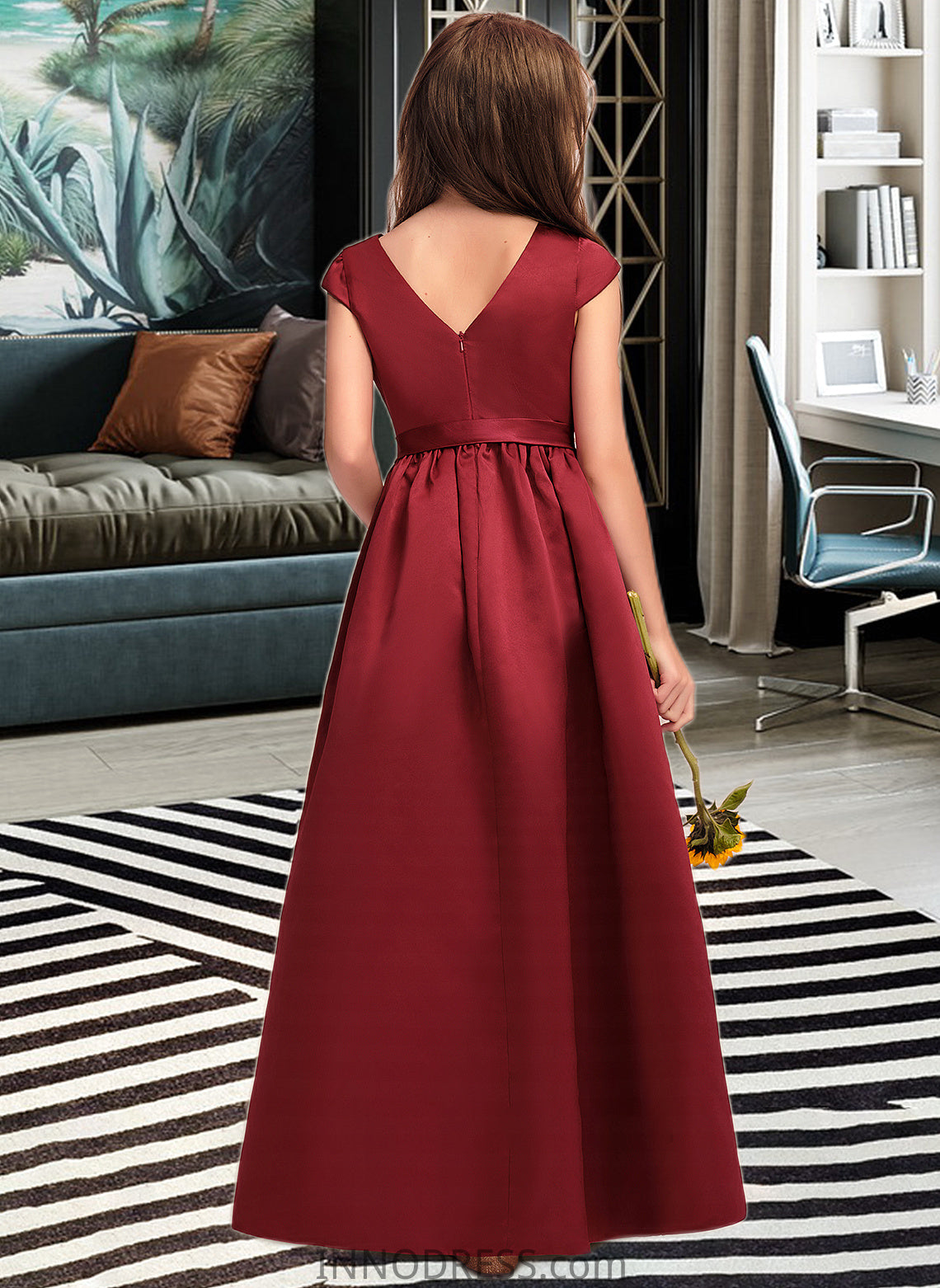 Carlie A-Line Scoop Neck Floor-Length Satin Junior Bridesmaid Dress With Bow(s) Pockets DPP0013391