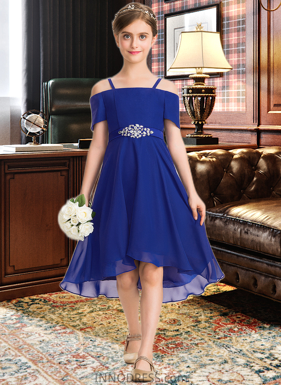 Kaya A-Line Off-the-Shoulder Asymmetrical Chiffon Junior Bridesmaid Dress With Beading Bow(s) DPP0013392