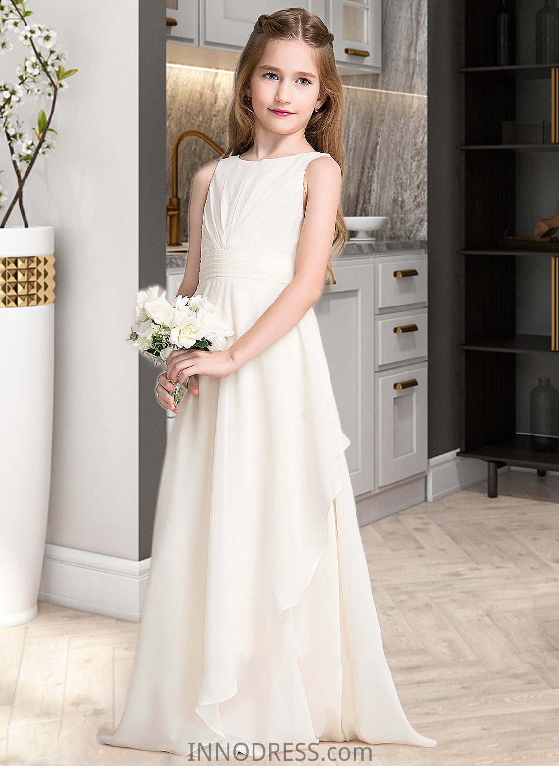 Amy A-Line Scoop Neck Floor-Length Chiffon Junior Bridesmaid Dress With Cascading Ruffles DPP0013394