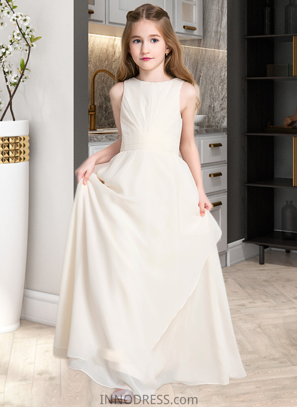 Amy A-Line Scoop Neck Floor-Length Chiffon Junior Bridesmaid Dress With Cascading Ruffles DPP0013394