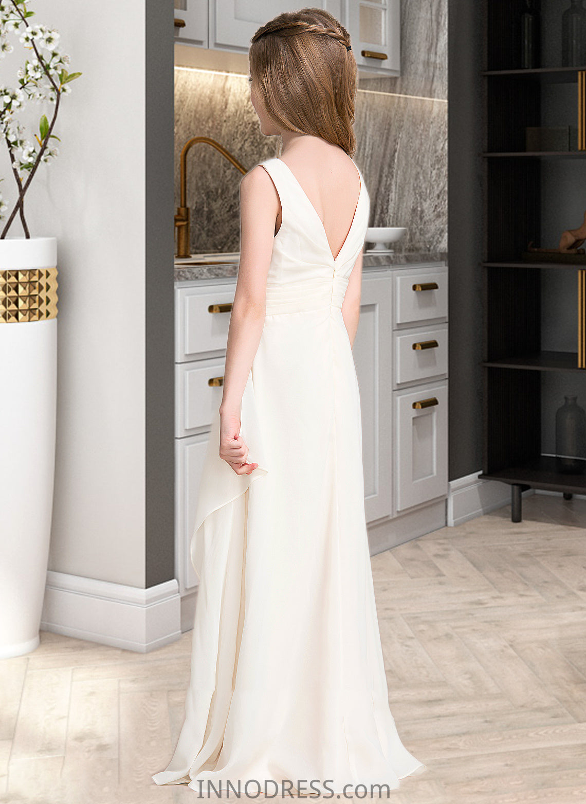 Amy A-Line Scoop Neck Floor-Length Chiffon Junior Bridesmaid Dress With Cascading Ruffles DPP0013394