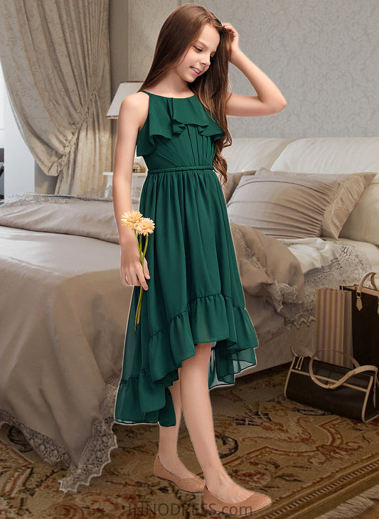 Hailey A-Line Scoop Neck Asymmetrical Chiffon Junior Bridesmaid Dress With Cascading Ruffles DPP0013395