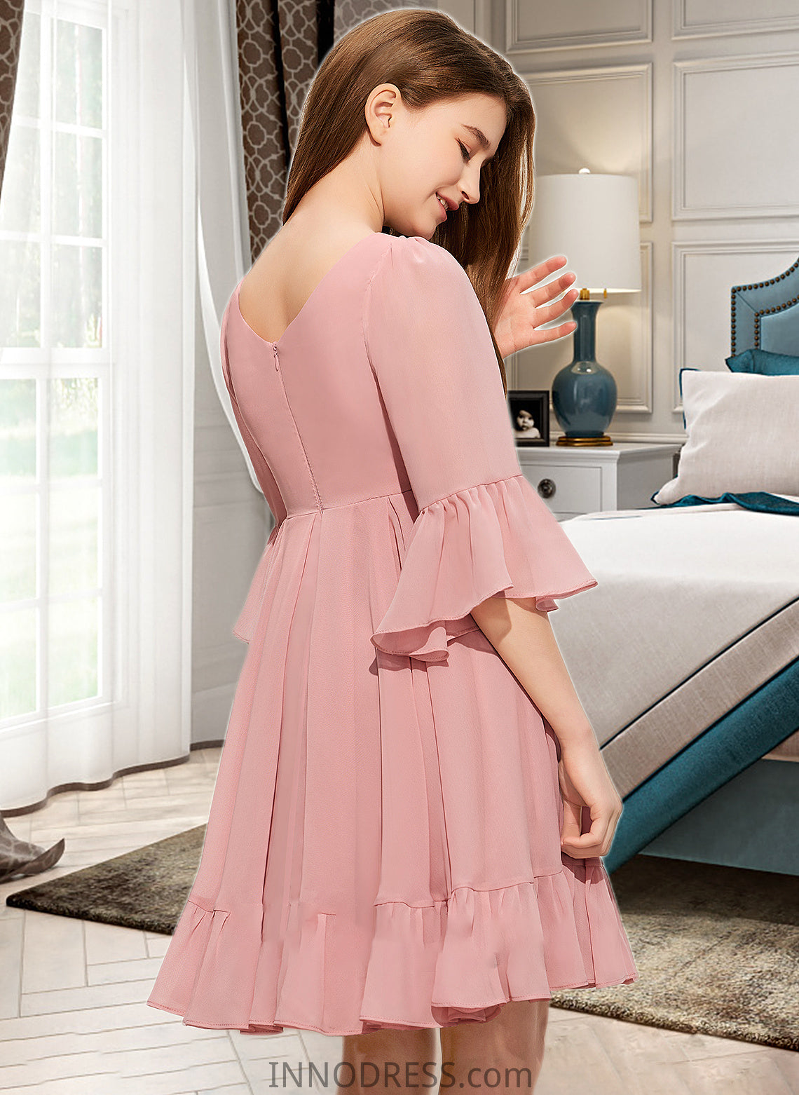 Jamya A-Line V-neck Knee-Length Chiffon Junior Bridesmaid Dress With Cascading Ruffles DPP0013396