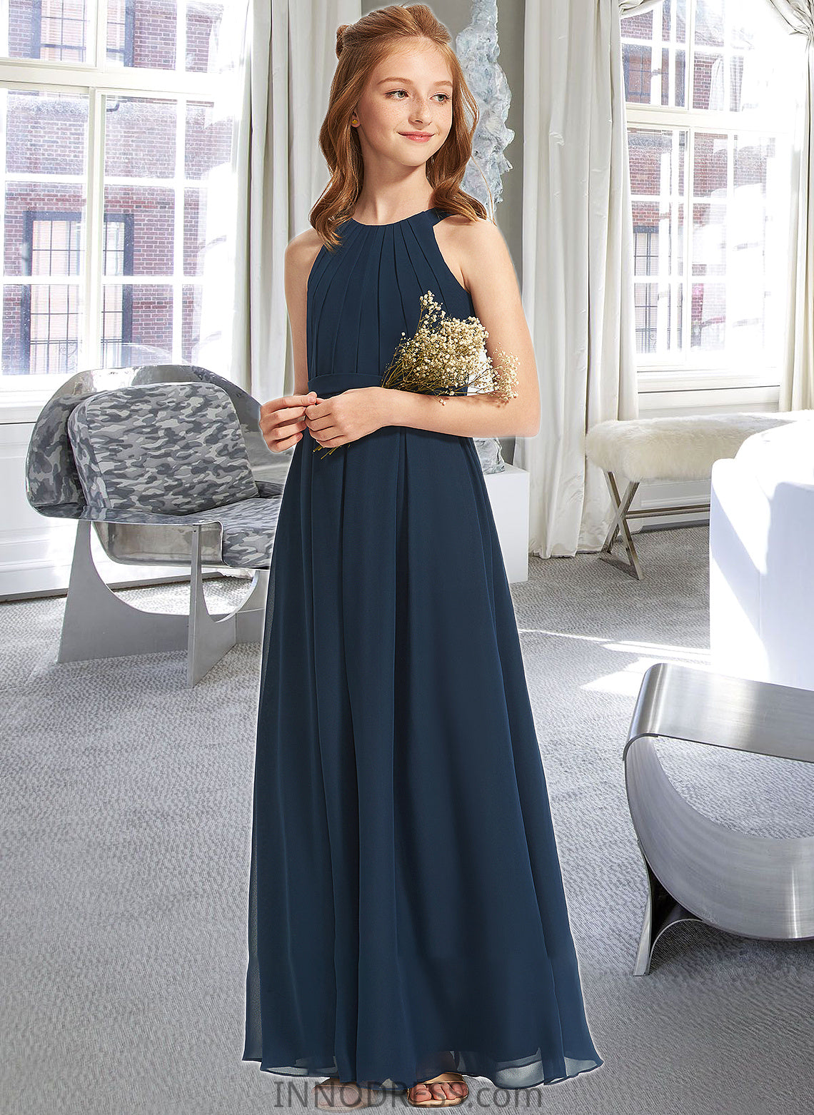 Justine A-Line Scoop Neck Floor-Length Chiffon Junior Bridesmaid Dress With Ruffle DPP0013397