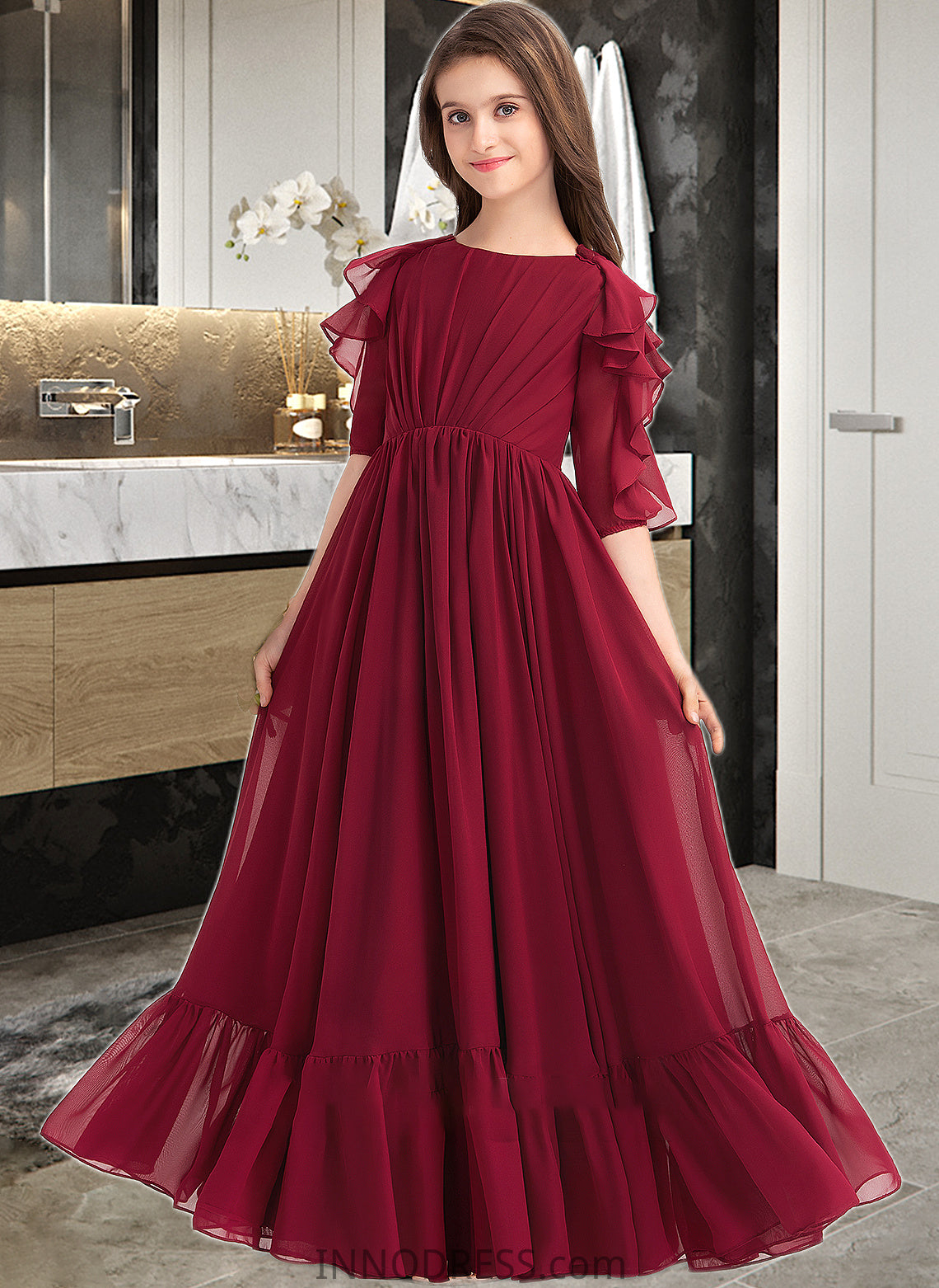 Erin A-Line Scoop Neck Floor-Length Chiffon Junior Bridesmaid Dress With Cascading Ruffles DPP0013398