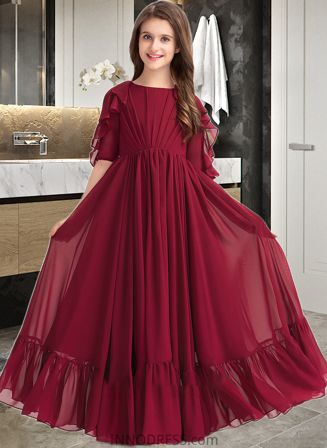 Erin A-Line Scoop Neck Floor-Length Chiffon Junior Bridesmaid Dress With Cascading Ruffles DPP0013398