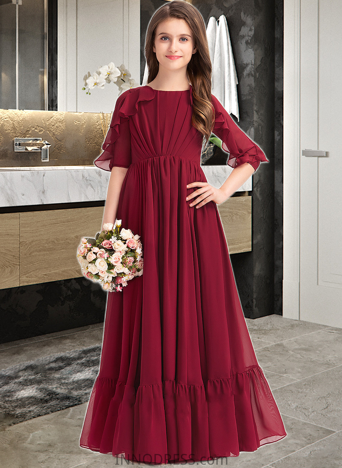 Erin A-Line Scoop Neck Floor-Length Chiffon Junior Bridesmaid Dress With Cascading Ruffles DPP0013398