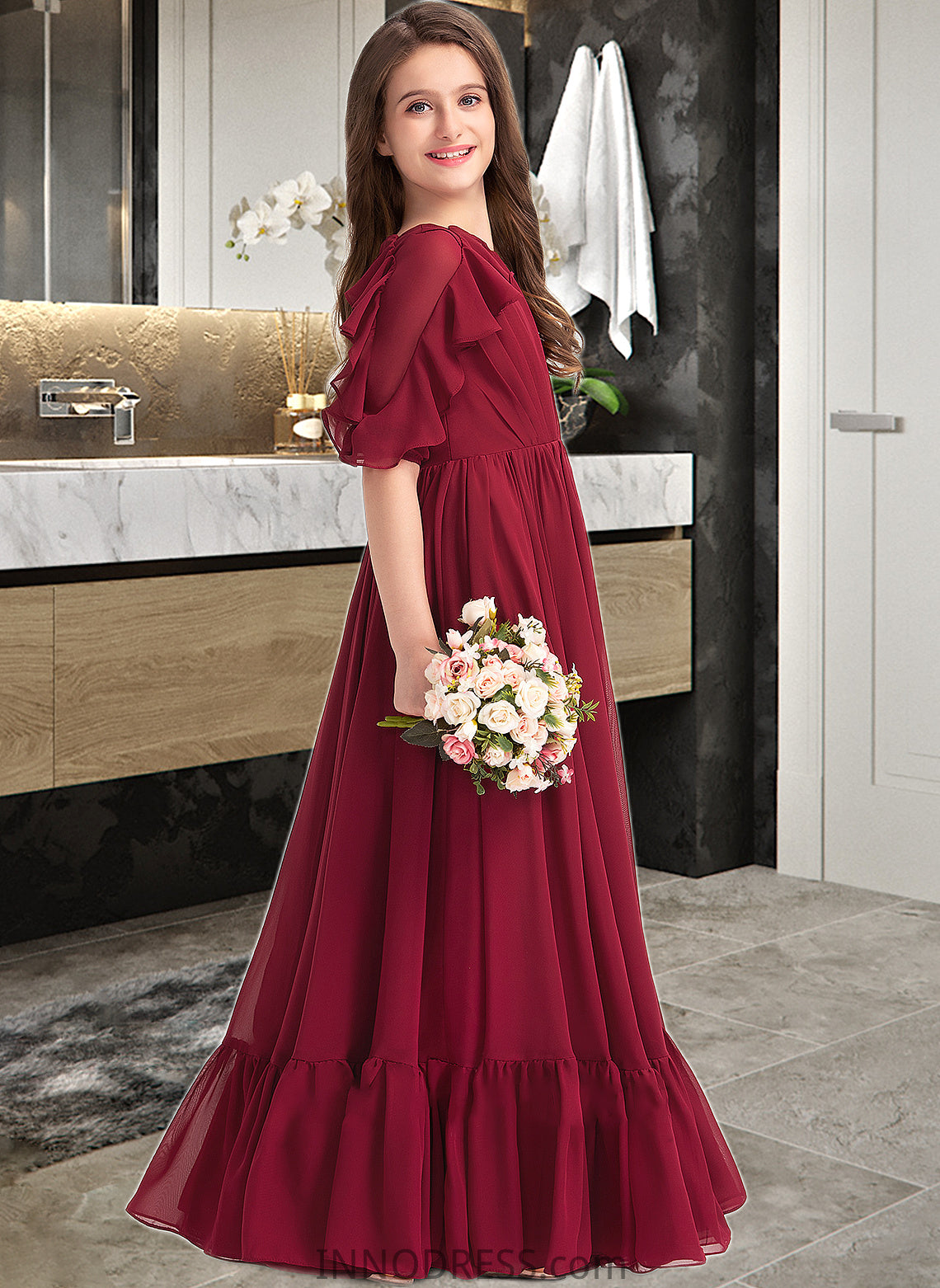 Erin A-Line Scoop Neck Floor-Length Chiffon Junior Bridesmaid Dress With Cascading Ruffles DPP0013398