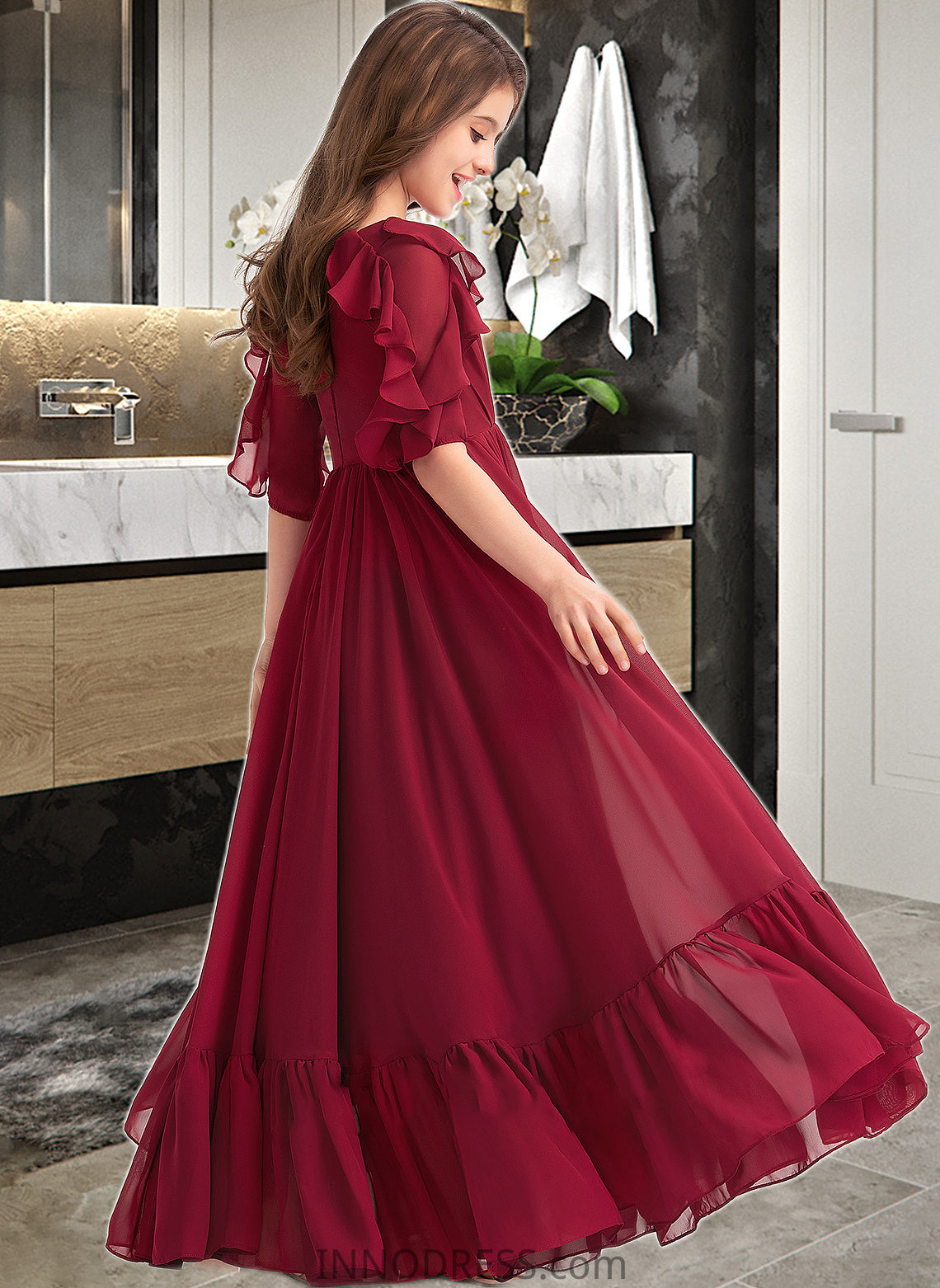 Erin A-Line Scoop Neck Floor-Length Chiffon Junior Bridesmaid Dress With Cascading Ruffles DPP0013398