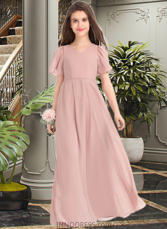 Jazmin A-Line V-neck Floor-Length Chiffon Junior Bridesmaid Dress With Bow(s) DPP0013399