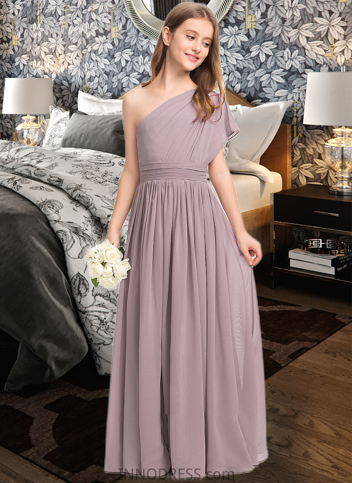 Allisson A-Line One-Shoulder Floor-Length Chiffon Junior Bridesmaid Dress With Ruffle DPP0013400