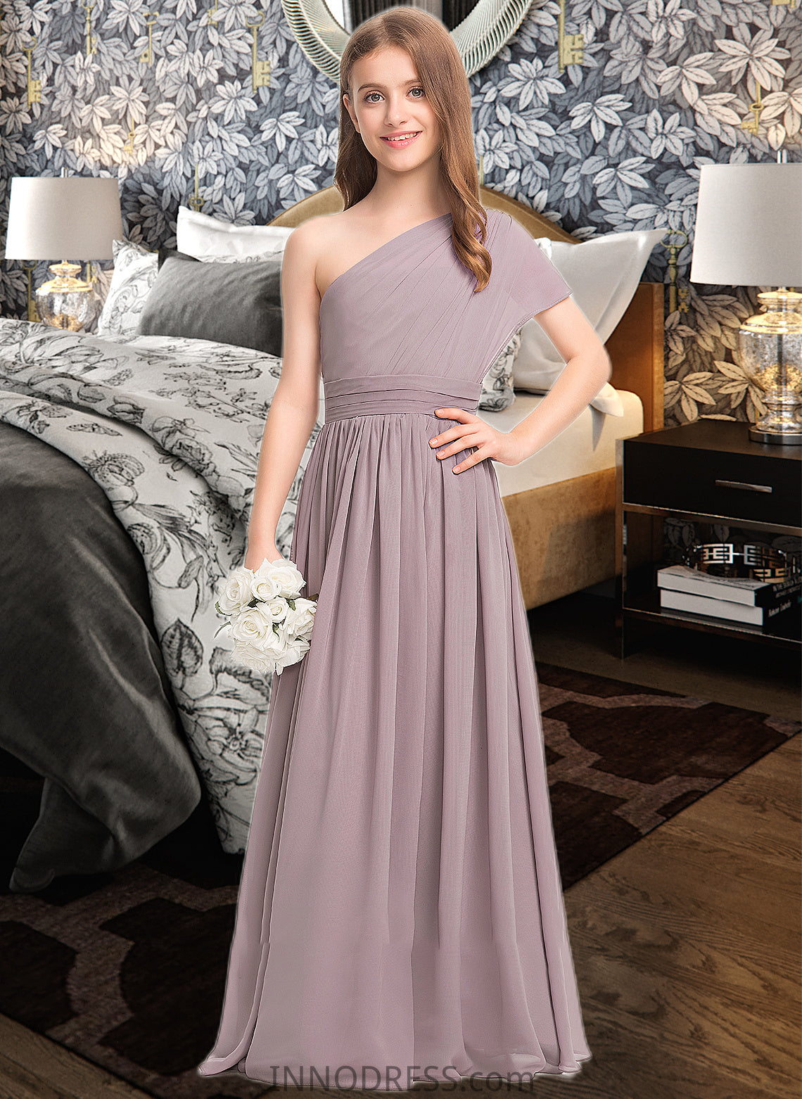 Allisson A-Line One-Shoulder Floor-Length Chiffon Junior Bridesmaid Dress With Ruffle DPP0013400