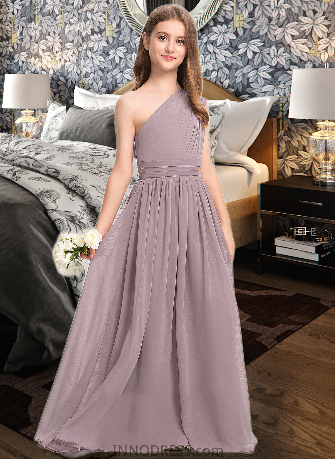 Allisson A-Line One-Shoulder Floor-Length Chiffon Junior Bridesmaid Dress With Ruffle DPP0013400