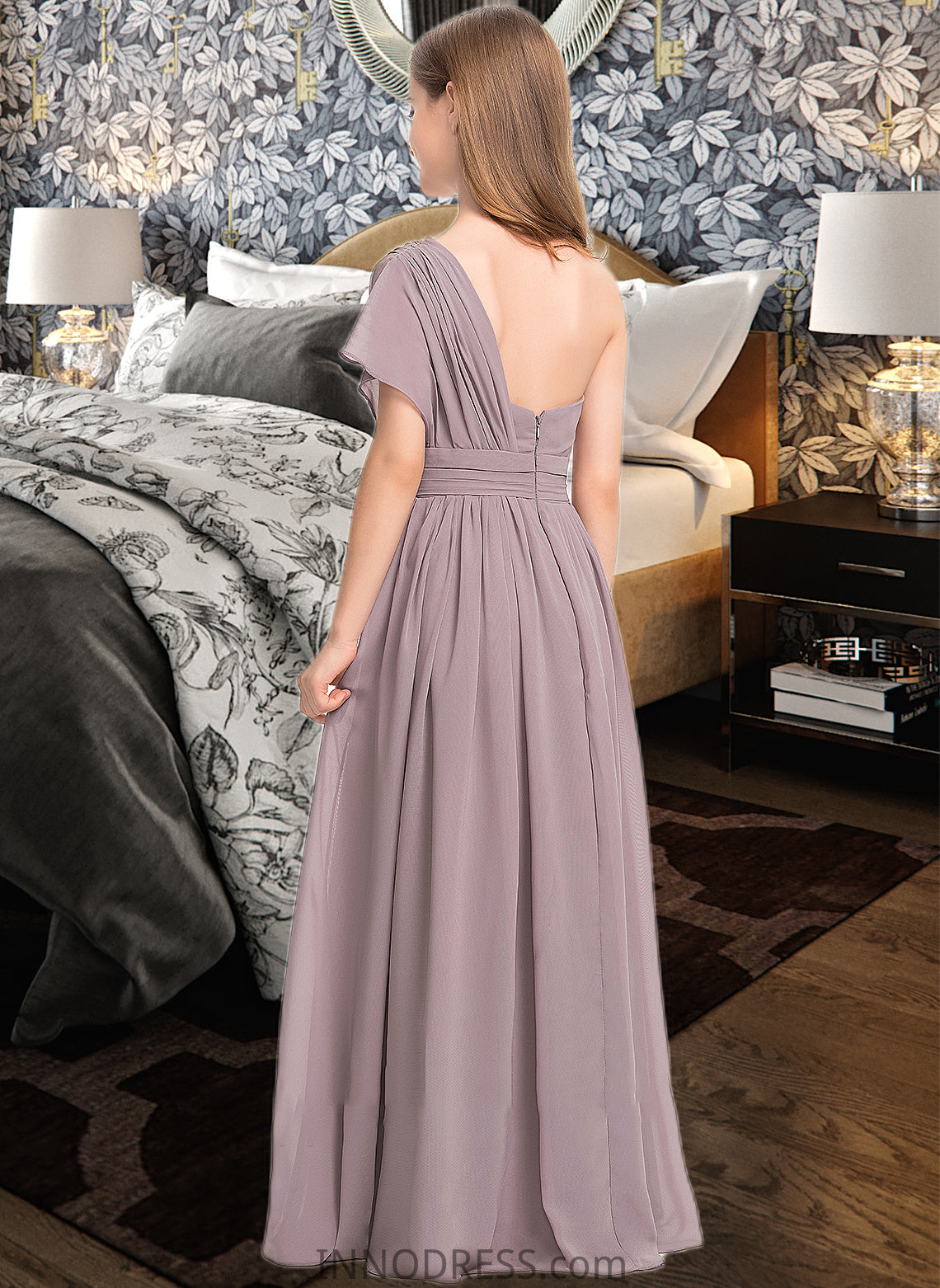 Allisson A-Line One-Shoulder Floor-Length Chiffon Junior Bridesmaid Dress With Ruffle DPP0013400