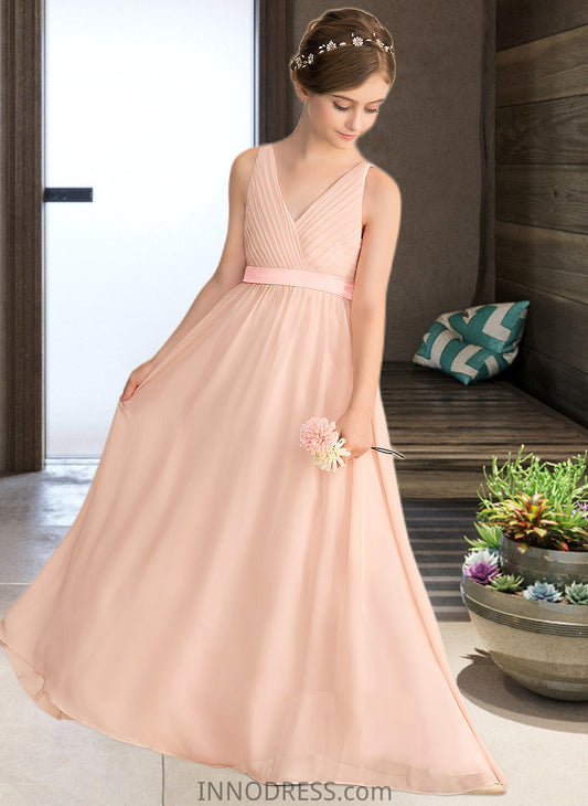 Pancy A-Line V-neck Floor-Length Chiffon Junior Bridesmaid Dress With Ruffle Bow(s) DPP0013402