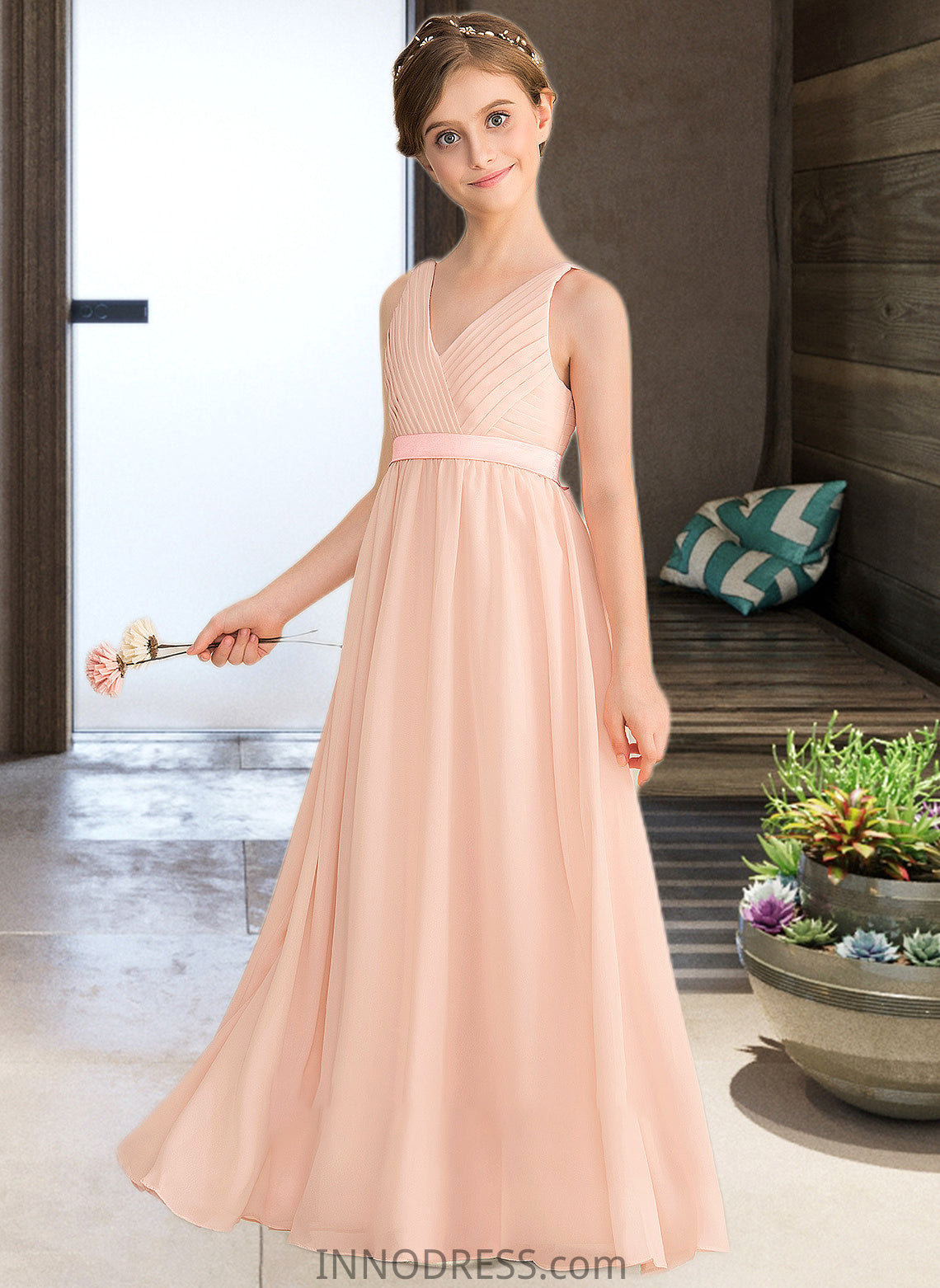 Pancy A-Line V-neck Floor-Length Chiffon Junior Bridesmaid Dress With Ruffle Bow(s) DPP0013402