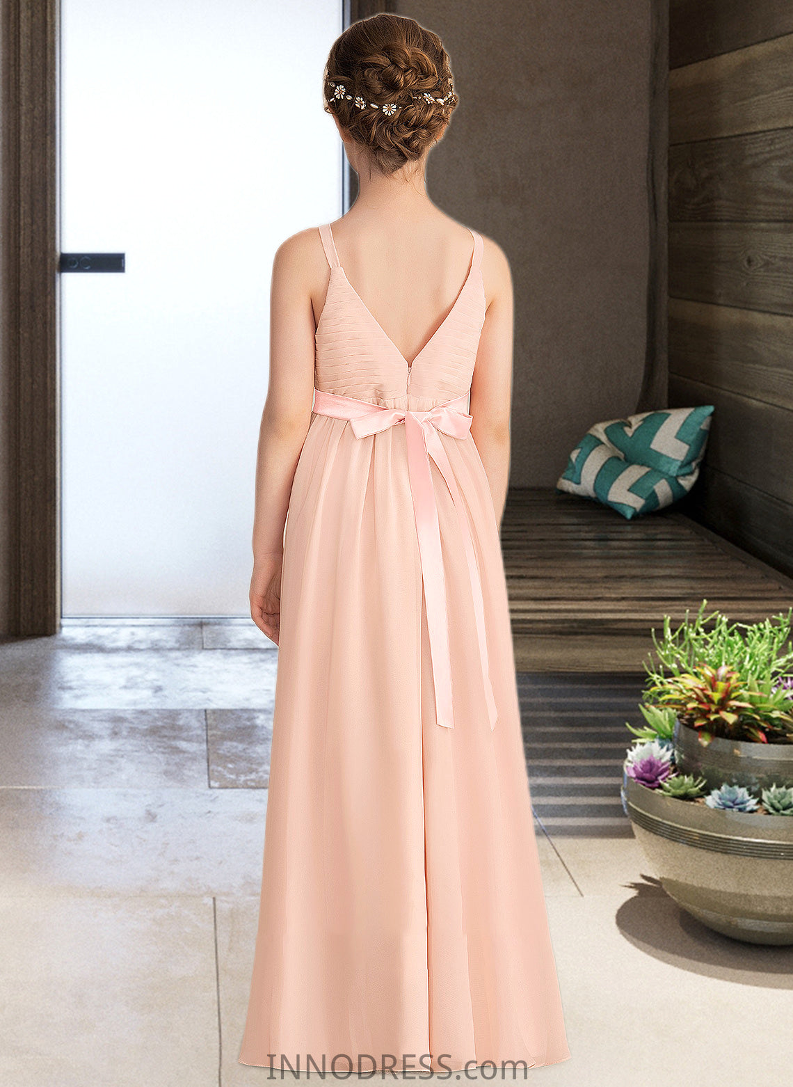 Pancy A-Line V-neck Floor-Length Chiffon Junior Bridesmaid Dress With Ruffle Bow(s) DPP0013402