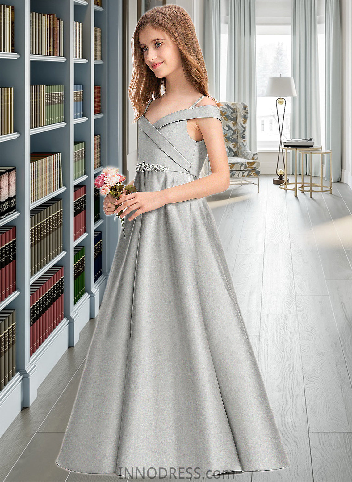 Shiloh Ball-Gown/Princess Off-the-Shoulder Floor-Length Satin Junior Bridesmaid Dress DPP0013404