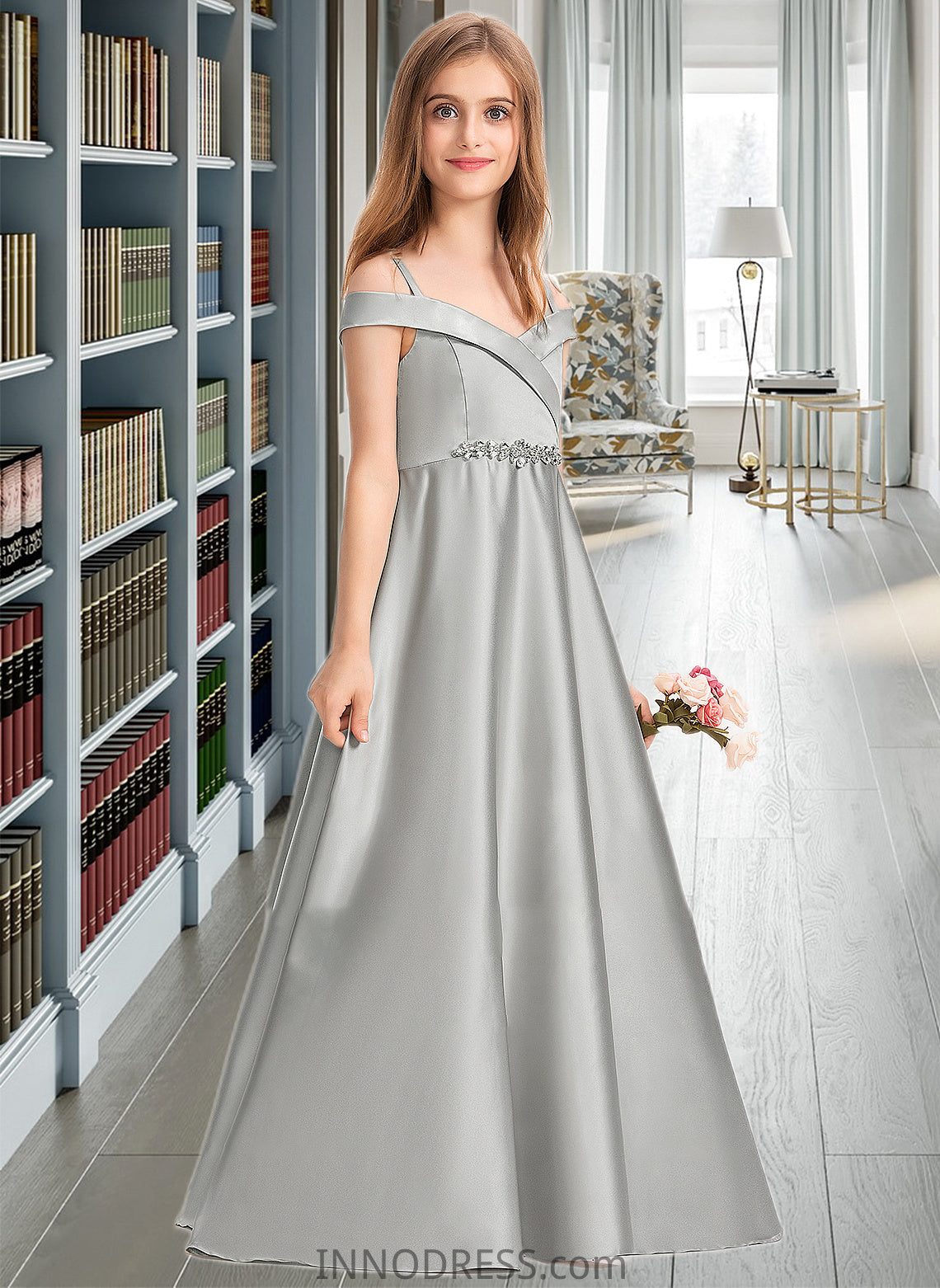 Shiloh Ball-Gown/Princess Off-the-Shoulder Floor-Length Satin Junior Bridesmaid Dress DPP0013404