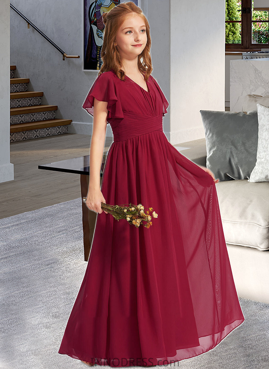 Deanna A-Line V-neck Floor-Length Chiffon Junior Bridesmaid Dress With Ruffle DPP0013405