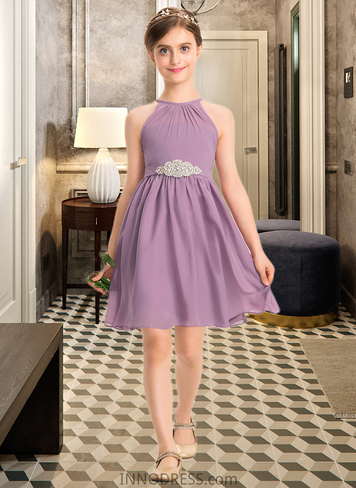 Emilia A-Line Scoop Neck Knee-Length Chiffon Junior Bridesmaid Dress With Ruffle Beading DPP0013407