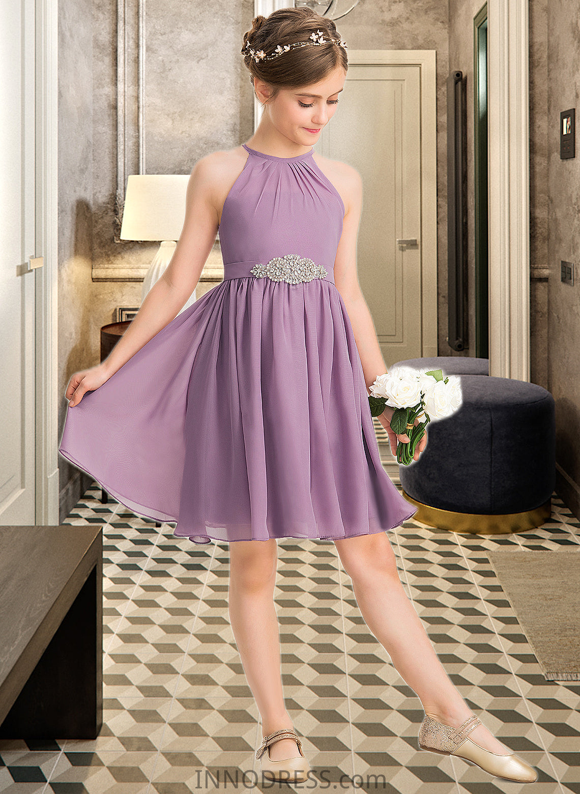 Emilia A-Line Scoop Neck Knee-Length Chiffon Junior Bridesmaid Dress With Ruffle Beading DPP0013407