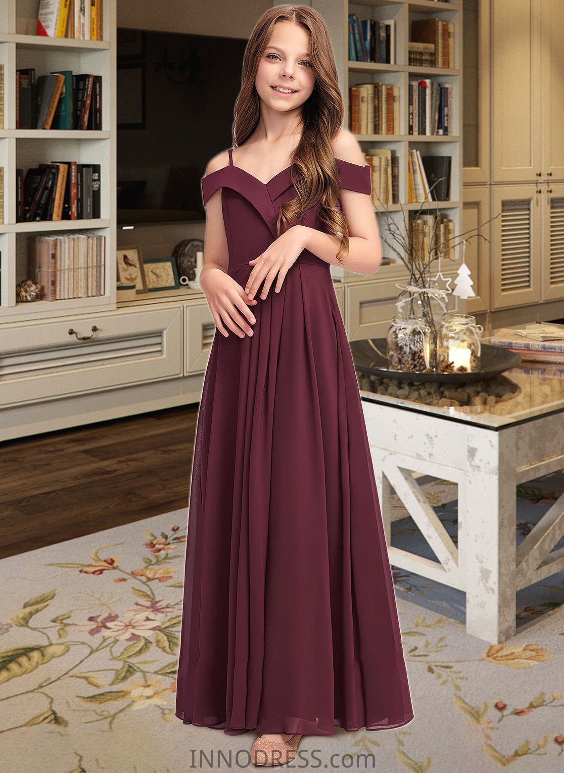 Lila A-Line Off-the-Shoulder Floor-Length Chiffon Junior Bridesmaid Dress DPP0013408