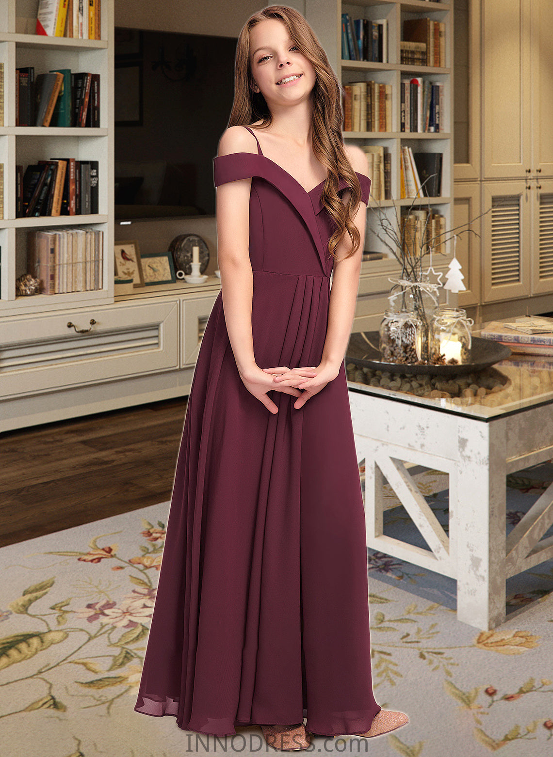 Lila A-Line Off-the-Shoulder Floor-Length Chiffon Junior Bridesmaid Dress DPP0013408