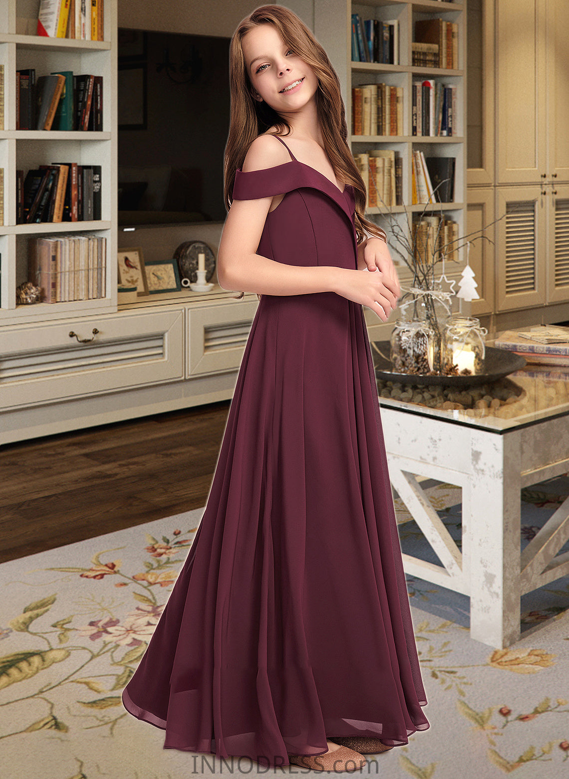 Lila A-Line Off-the-Shoulder Floor-Length Chiffon Junior Bridesmaid Dress DPP0013408