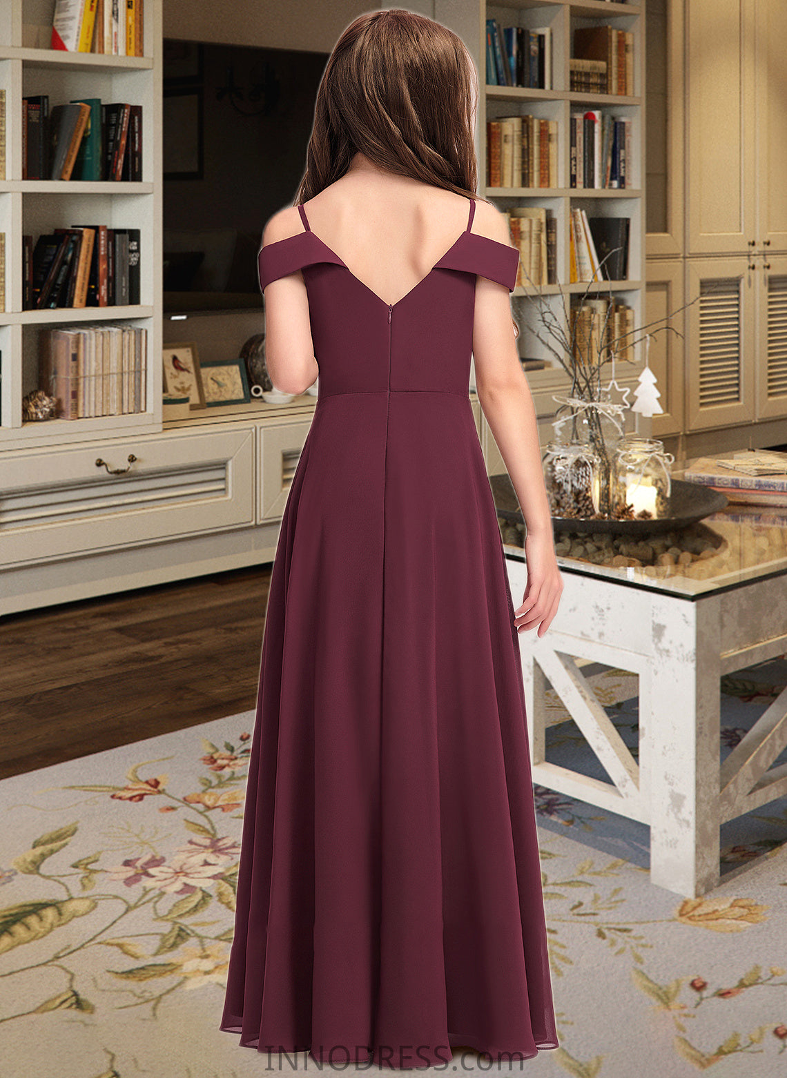 Lila A-Line Off-the-Shoulder Floor-Length Chiffon Junior Bridesmaid Dress DPP0013408