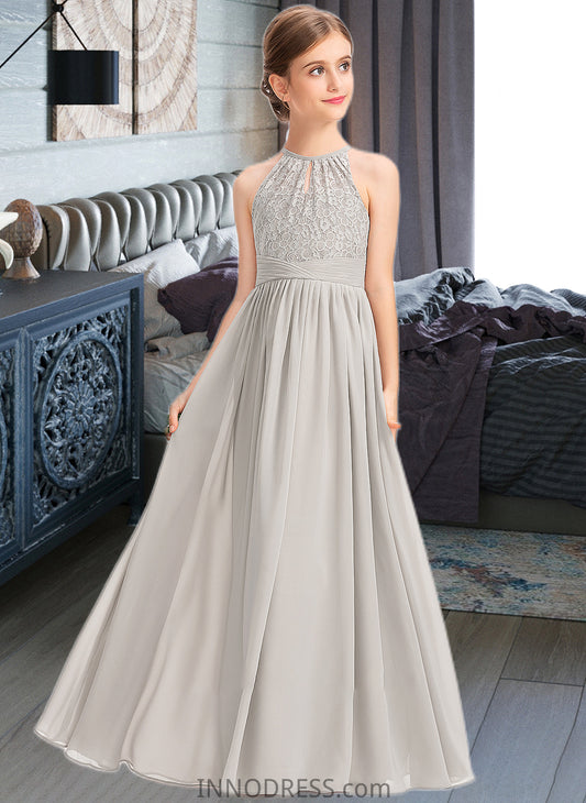 Florence A-Line Scoop Neck Floor-Length Chiffon Lace Junior Bridesmaid Dress With Ruffle DPP0013409