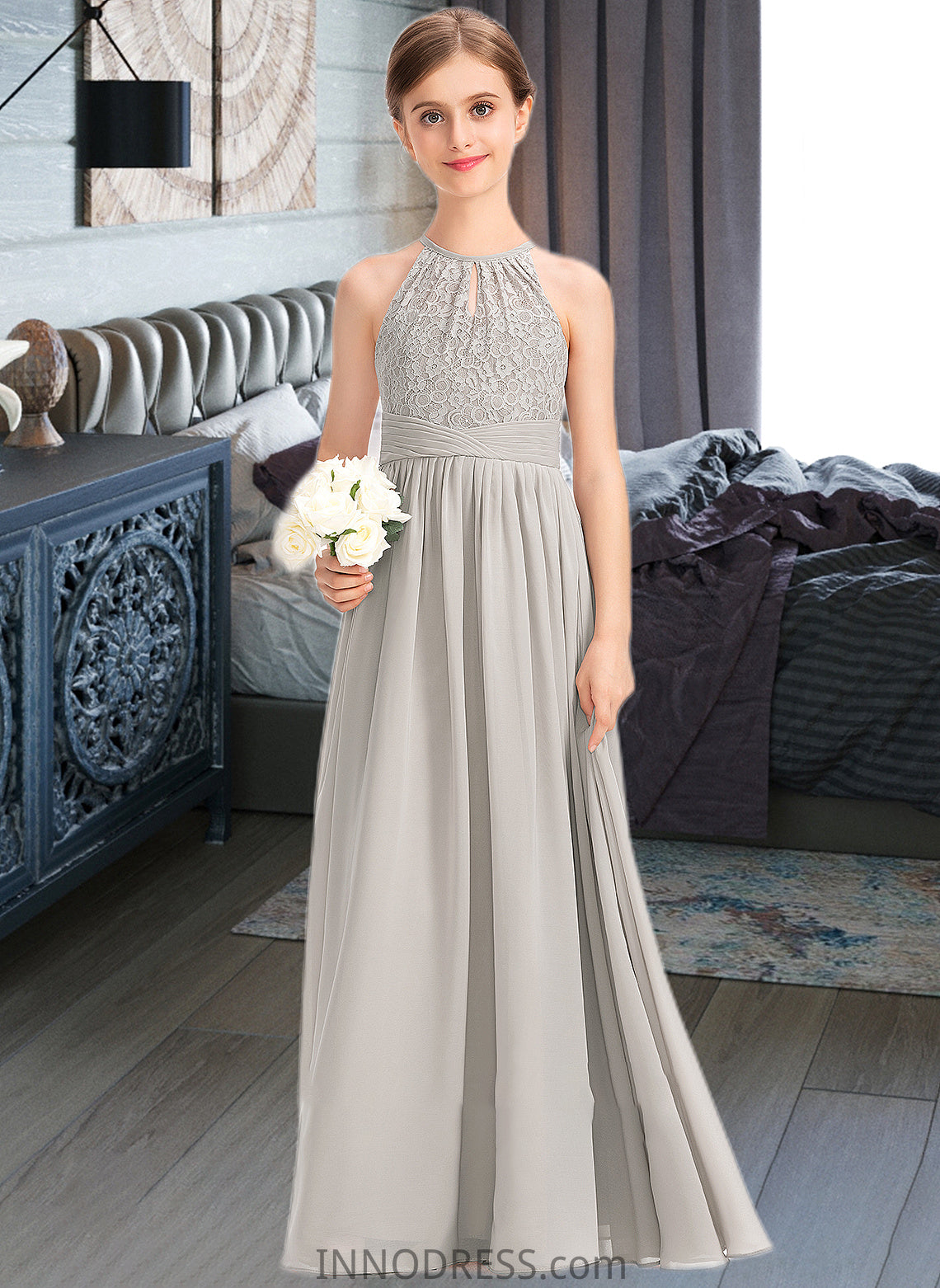 Florence A-Line Scoop Neck Floor-Length Chiffon Lace Junior Bridesmaid Dress With Ruffle DPP0013409